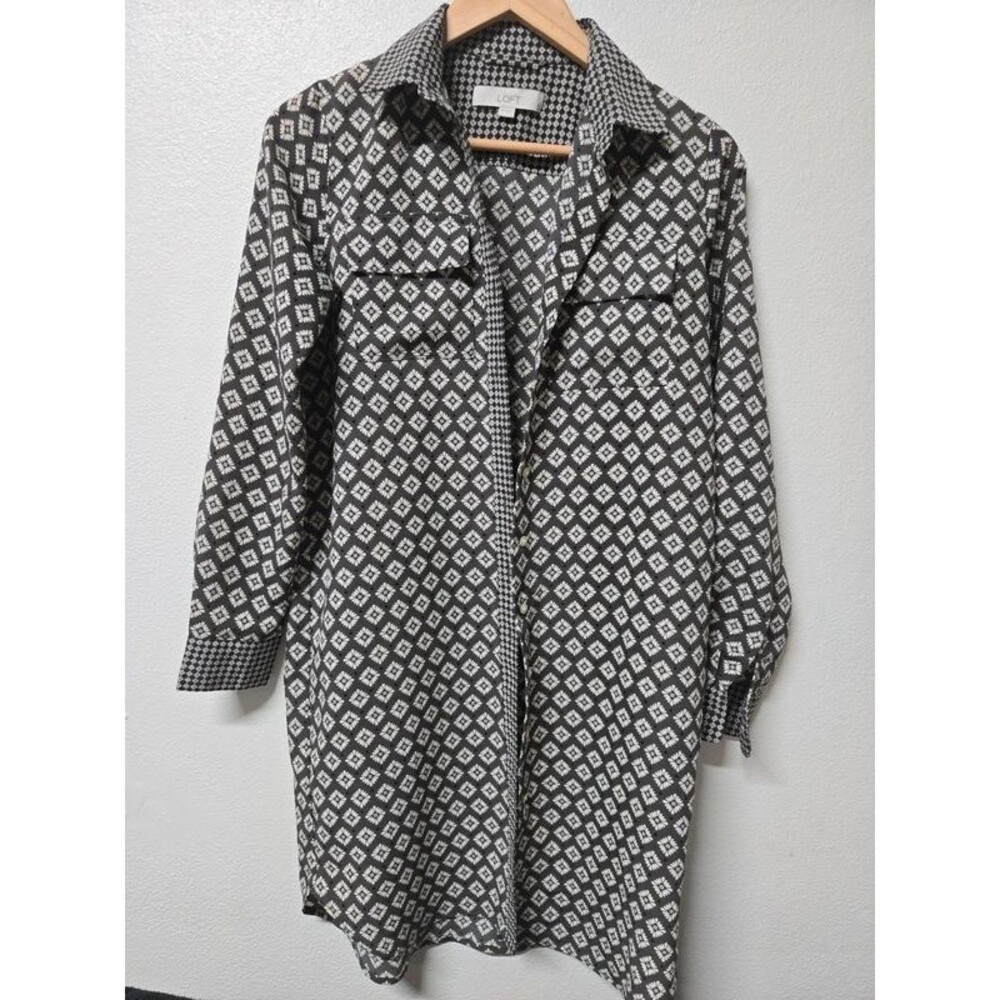 LOFT Mixed Geometric Print Button Up Utility Shirt Dress Black Gray White XS